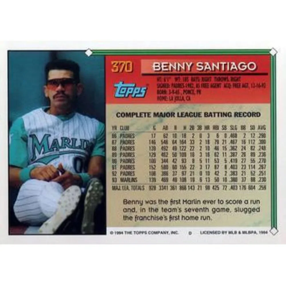 1994 Topps Benny Santiago # 370 Florida Marlins